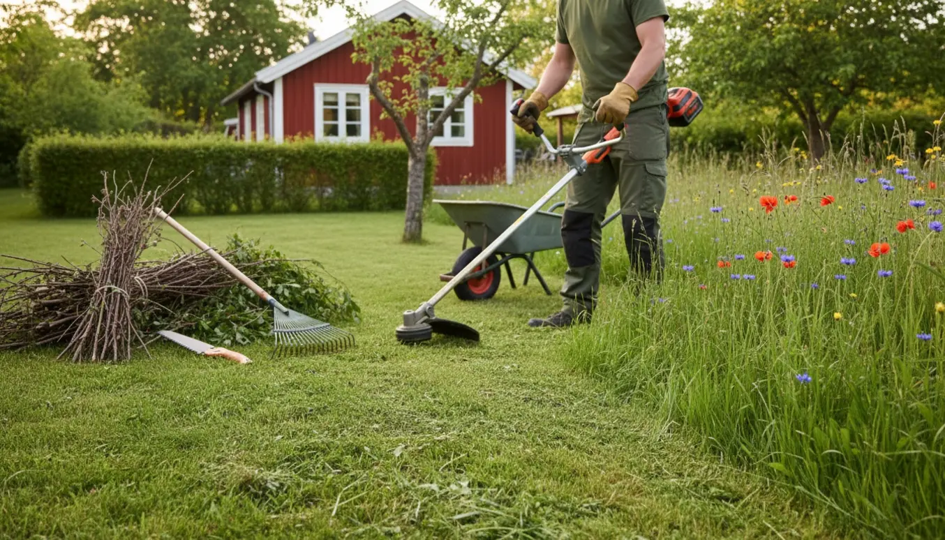 Person trimmer græs og beskærer buske ved et sommerhus med værktøj og en bunke kviste i forgrunden.