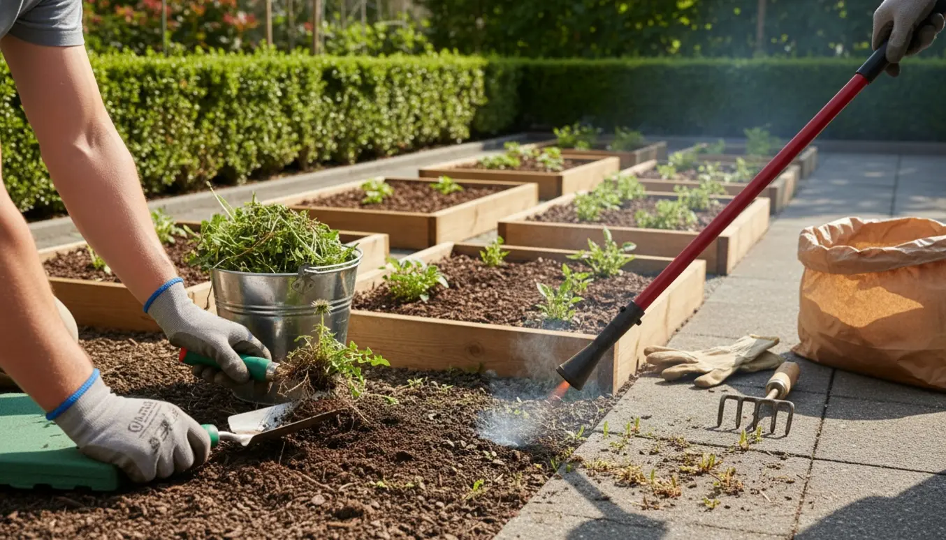 Hænder luger ukrudt i bede og brænder ukrudt mellem fliser foran en hæk.