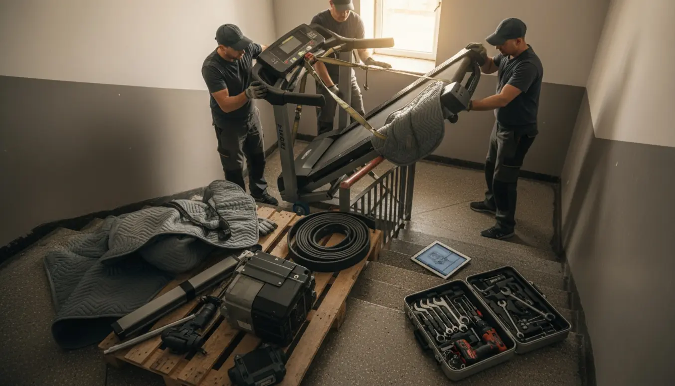 To flyttefolk manøvrerer et stort løbebånd gennem en smal trappeopgang, med dele og værktøj klar til montage.