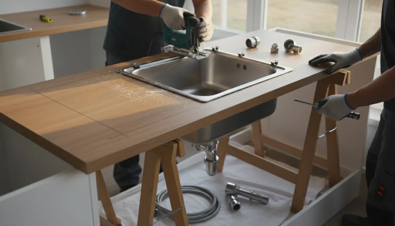 Nærbillede af egetræs-laminatbordplade med udskåret hul og en rustfri vask klar til montering, værktøj og afløbsdele under bordpladen.