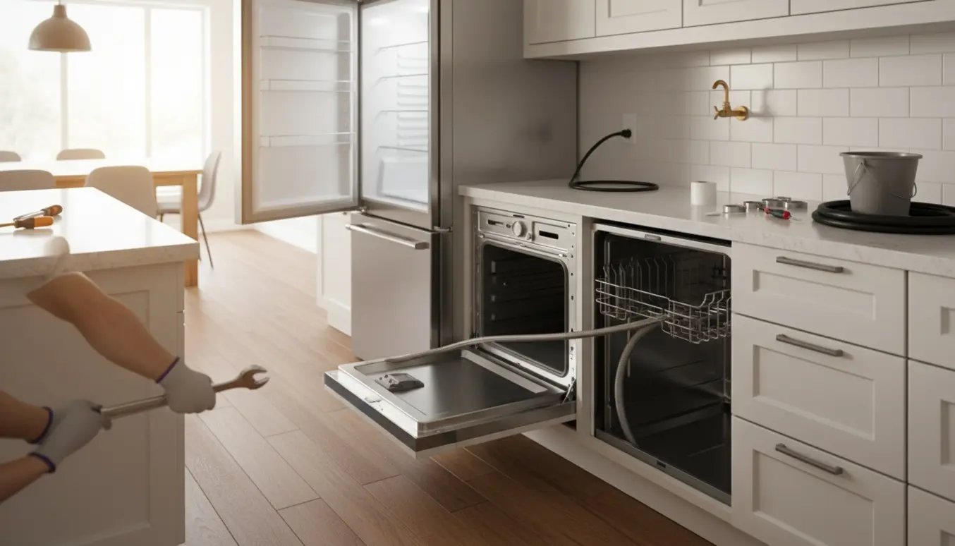 Tekniker tilslutter køleskab, ovn og opvaskemaskine i et nyt køkken med værktøj og slanger synlige.