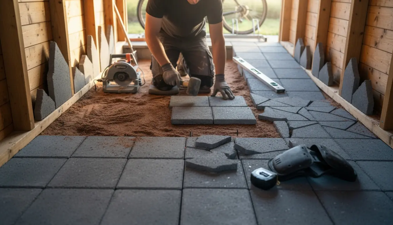 Nærbillede af lægning af kvadratiske betonfliser i et cykelskur med rødt sand og skrånende nedgang.