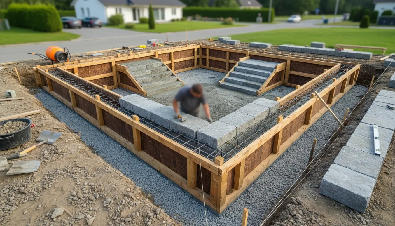 Gravning og støbning af fundament til en 22 m støttemur med første stenrække og udendørs trapper ved en villa.