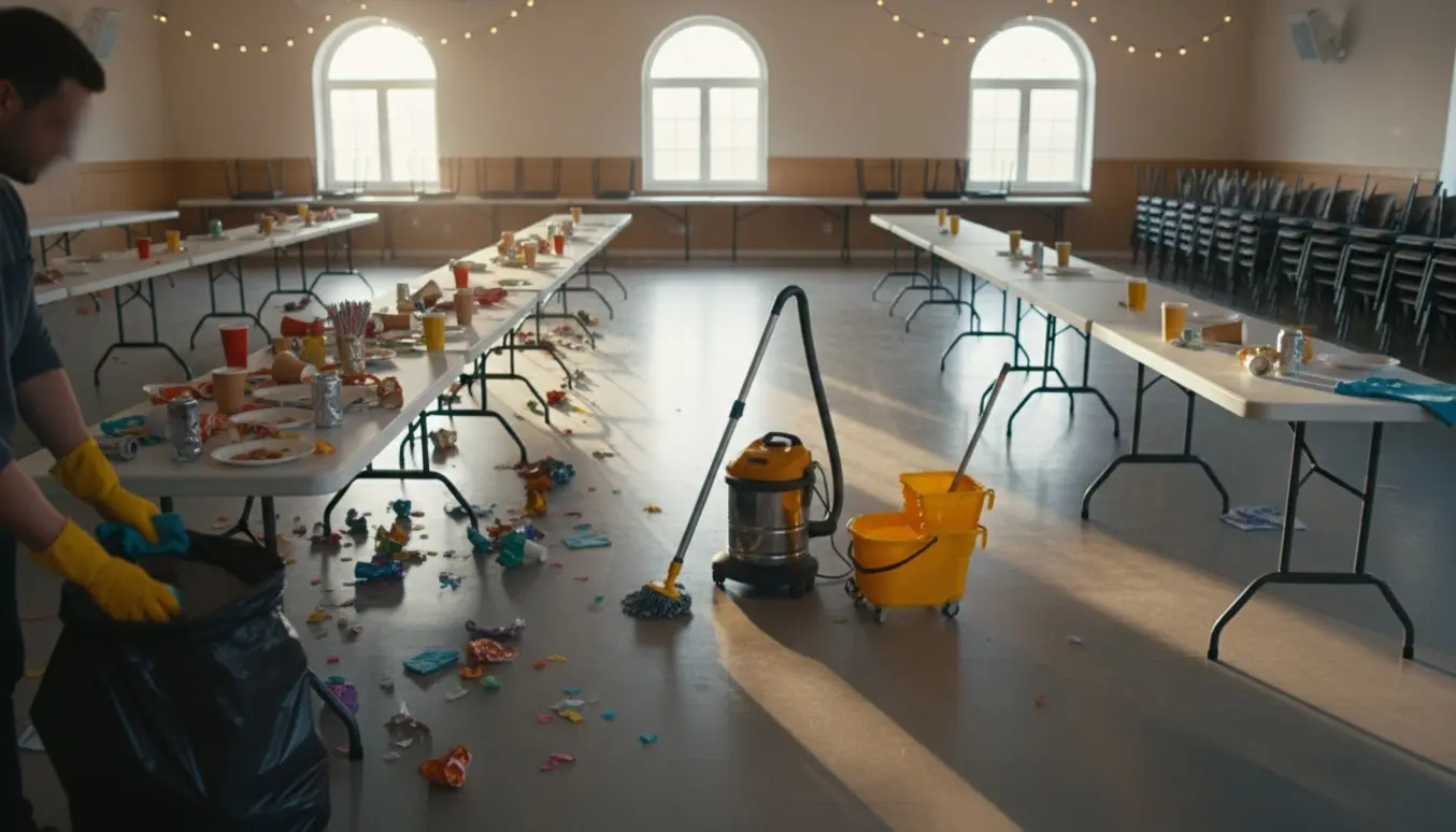 Rengøring af et festlokale, hvor en person samler affald i sække og tørrer borde af.
