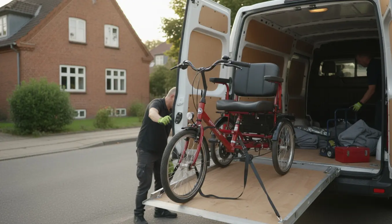 En trehjulet handicapcykel læsses forsigtigt ind i en hvid varevogn ved en rød murstensbolig.