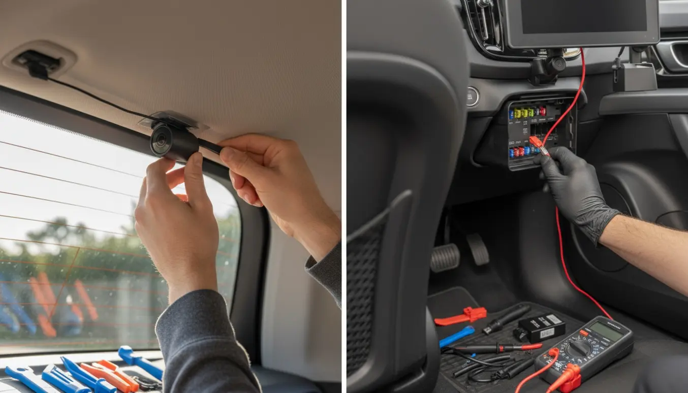 Nærbillede af montering af trådløst bakkamera i bagruden og en 5-7 tommer skærm ved førersædet i en XC40-lignende SUV.