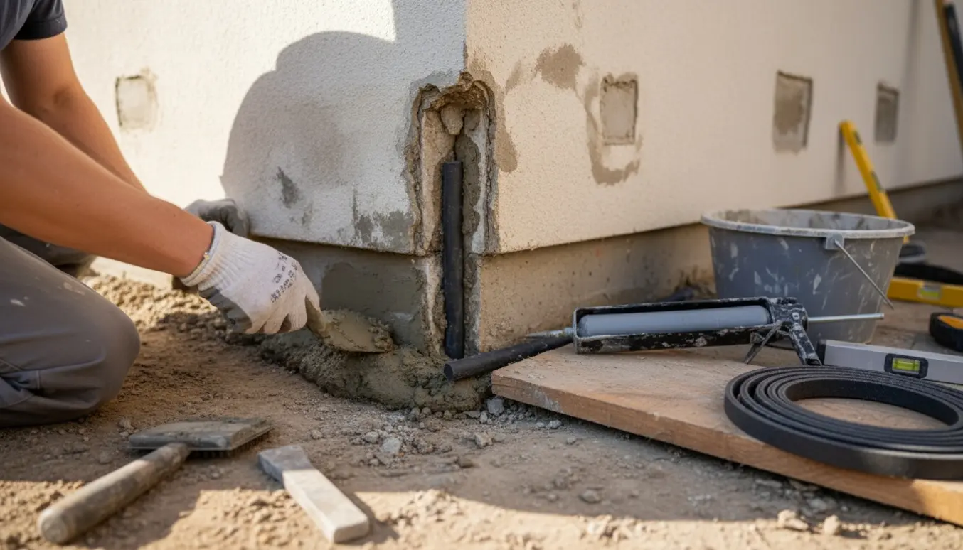 Nærbillede af reparation af sokkel ved husets hjørne, hænder fylder revner med mørtel og udskifter dilatationsfuge.