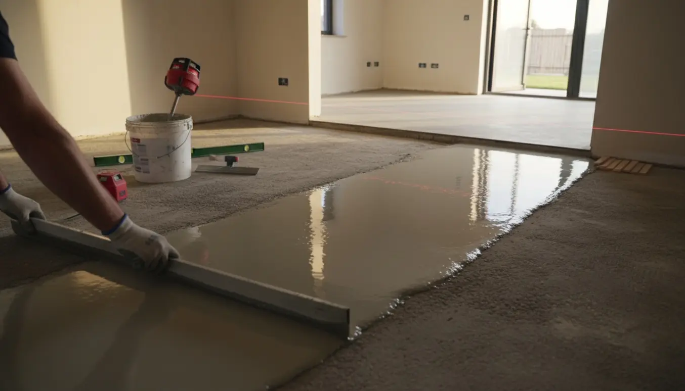 Et betongulv, der afrettes med selvnivellerende masse og afretningsbræt for at flugte med en tilbygning.