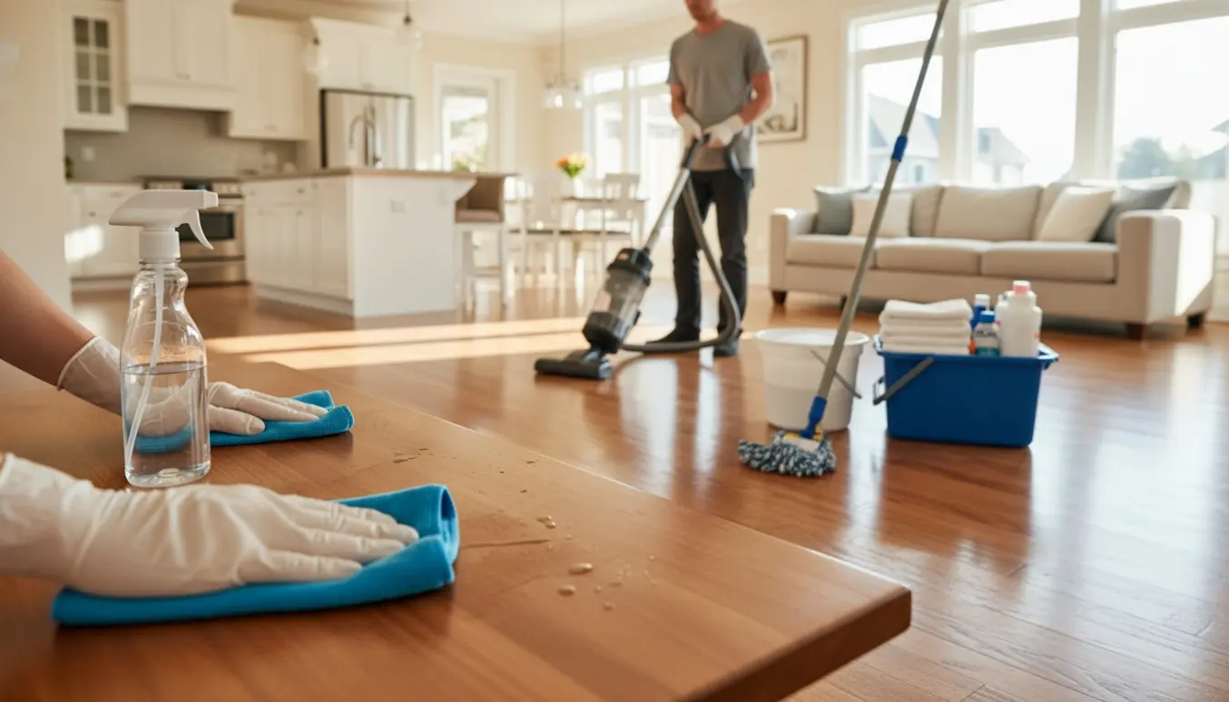 Solbelyst parcelhusstue med hænder der gør rent, støvsuger og rengøringsudstyr i fokus.