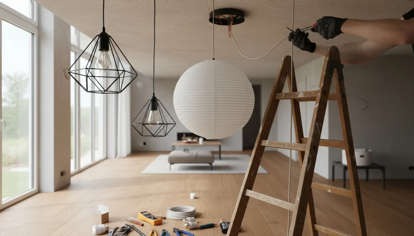 Hænder på en stige forbinder ledninger til en pendel, en rund papirlampe og et loftspot i et rum med højt til loftet.