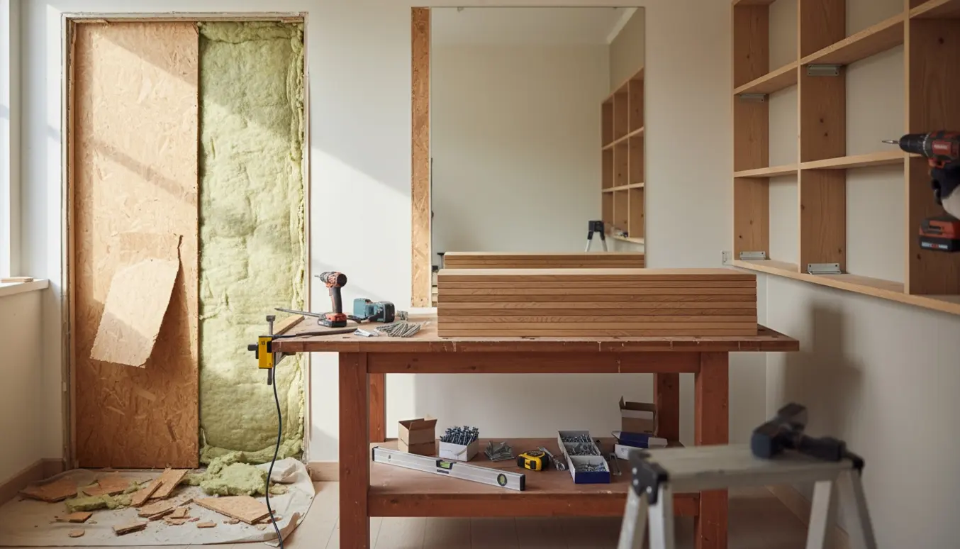 Tæt foto af forskelligt tømrerarbejde: fjernet sponplade med Rockwool, klargjorte hylder med beslag og montering af reol.