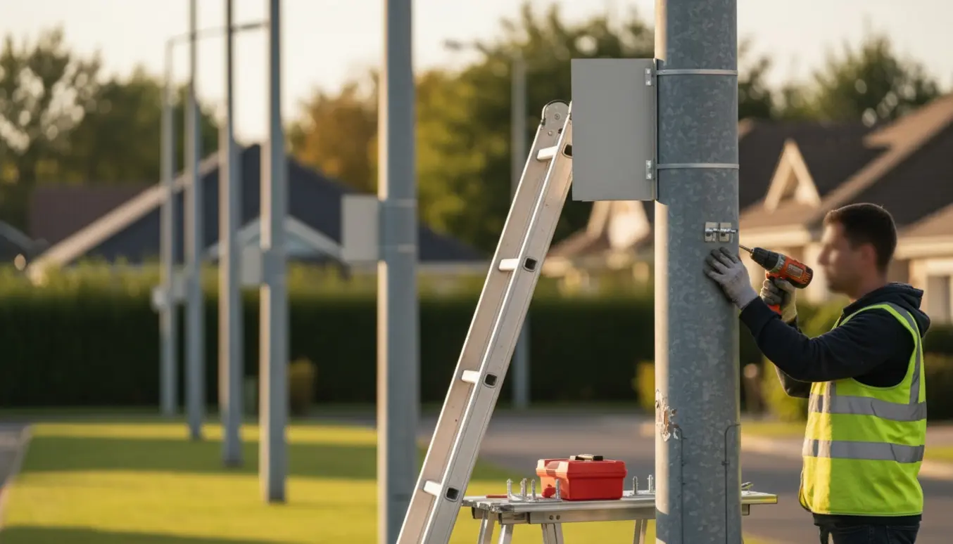 Person på stige monterer blankt nabohjælpsskilt i en lygtepæl med skruemaskine.