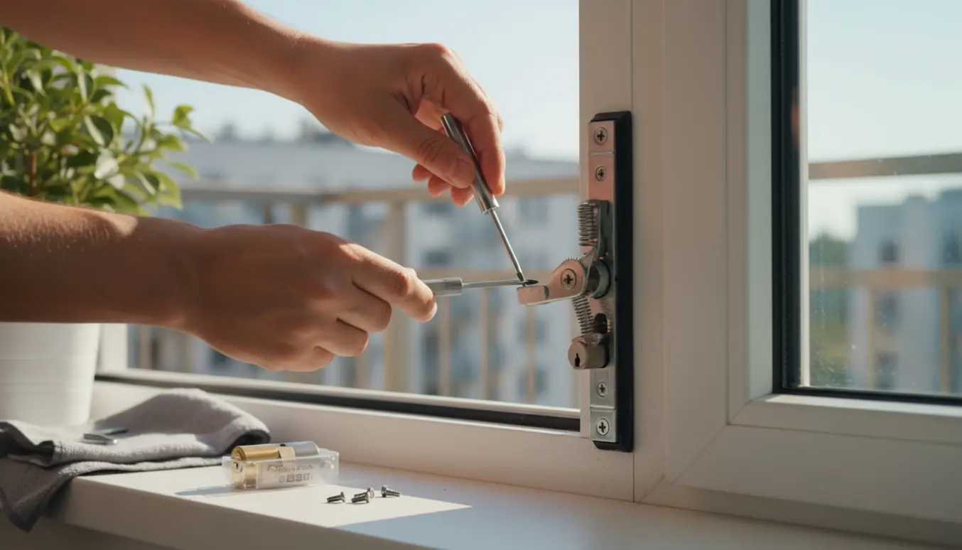 Nærbillede af hænder, der justerer låsemekanismen på en altandør med skruetrækker.