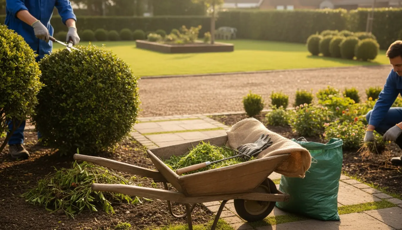 Handsker beskærer en busk og en trillebør fyldt med haveaffald ved en velplejet havegang.