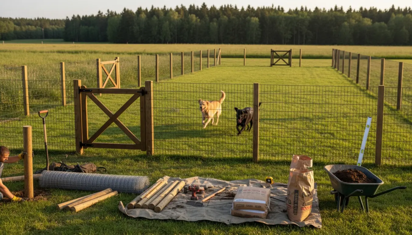 Hyfler realistisk foto af et 1,6 m højt vildthegn ved skovkanten med åbne porte, hunde inde og værktøj i forgrunden.