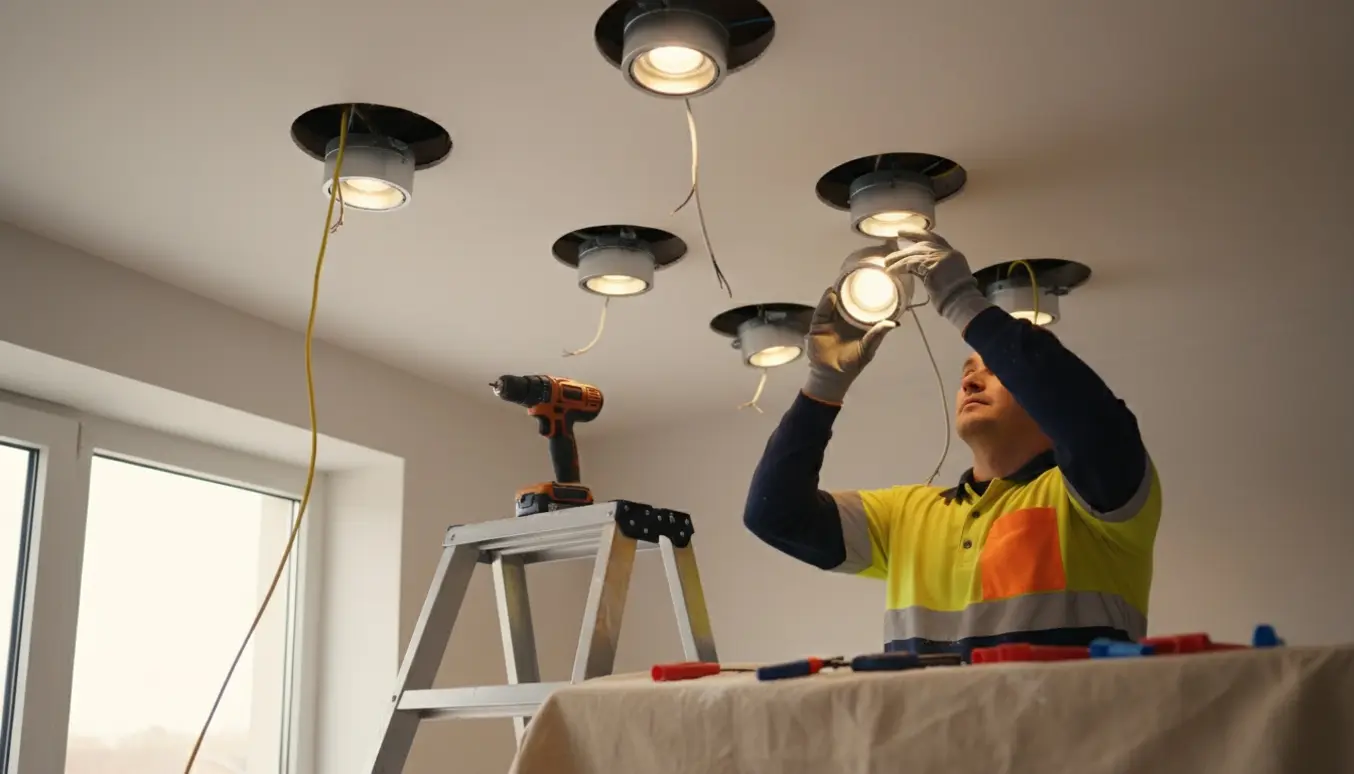 Elektriker monterer indbyggede spots i loftet med ladder, værktøj og kabler synlige.