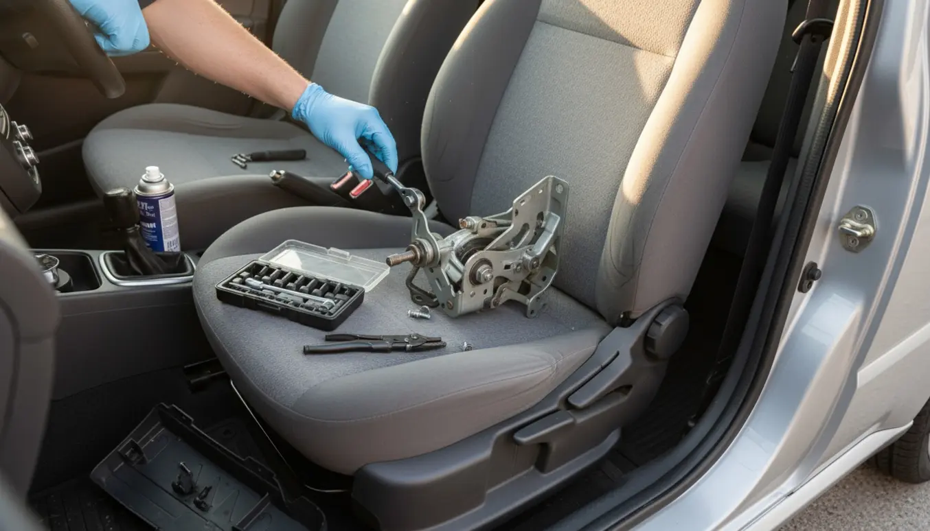 Nærbillede af hænder, der udskifter et knækket sædehåndtag og arbejder på sædets tilt-mekanisme i en 3-dørs bil.