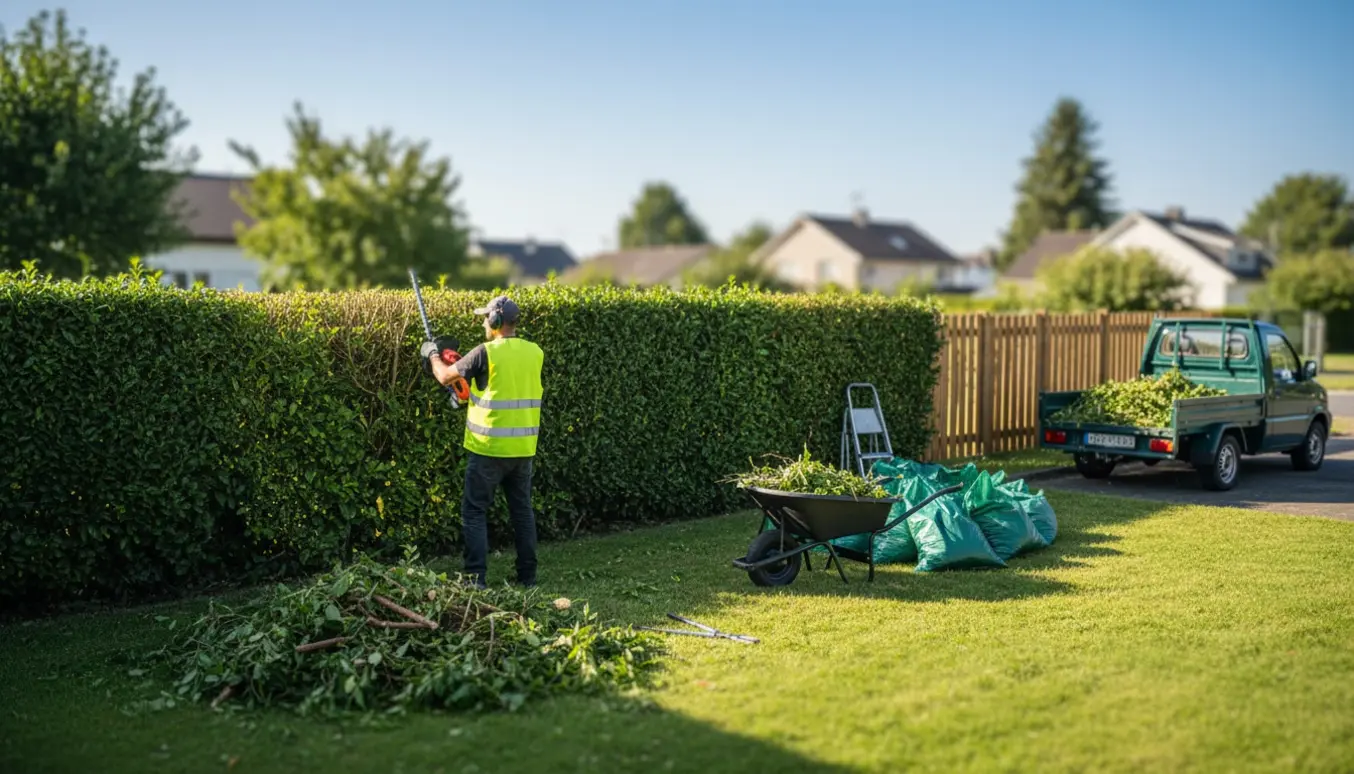 En gartner trimmer hæk på en hjørnegrund, med afklip samlet i trillebør og klar til afhentning.