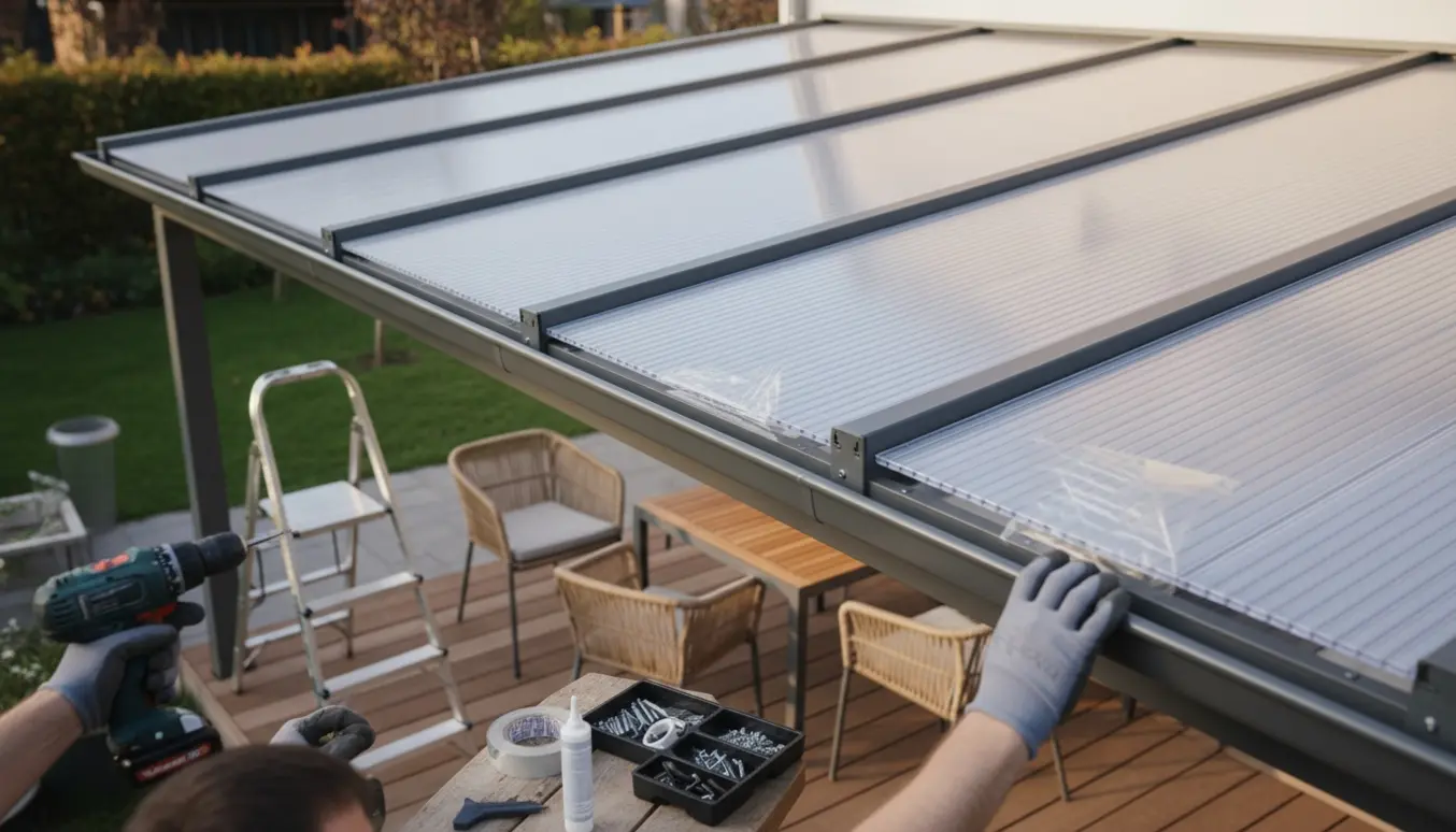 Montering af en 3x4 m overdækket terrasse med gennemsigtige termoplader og værktøj på trægulvet.