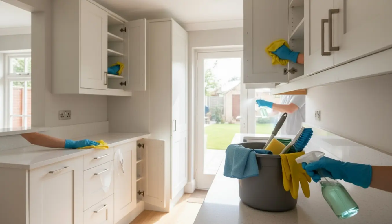 Nærbillede af hænder, der rengør køkkenskabe og dørkarme med klud og rengøringsmidler i et lyst, moderne køkken.
