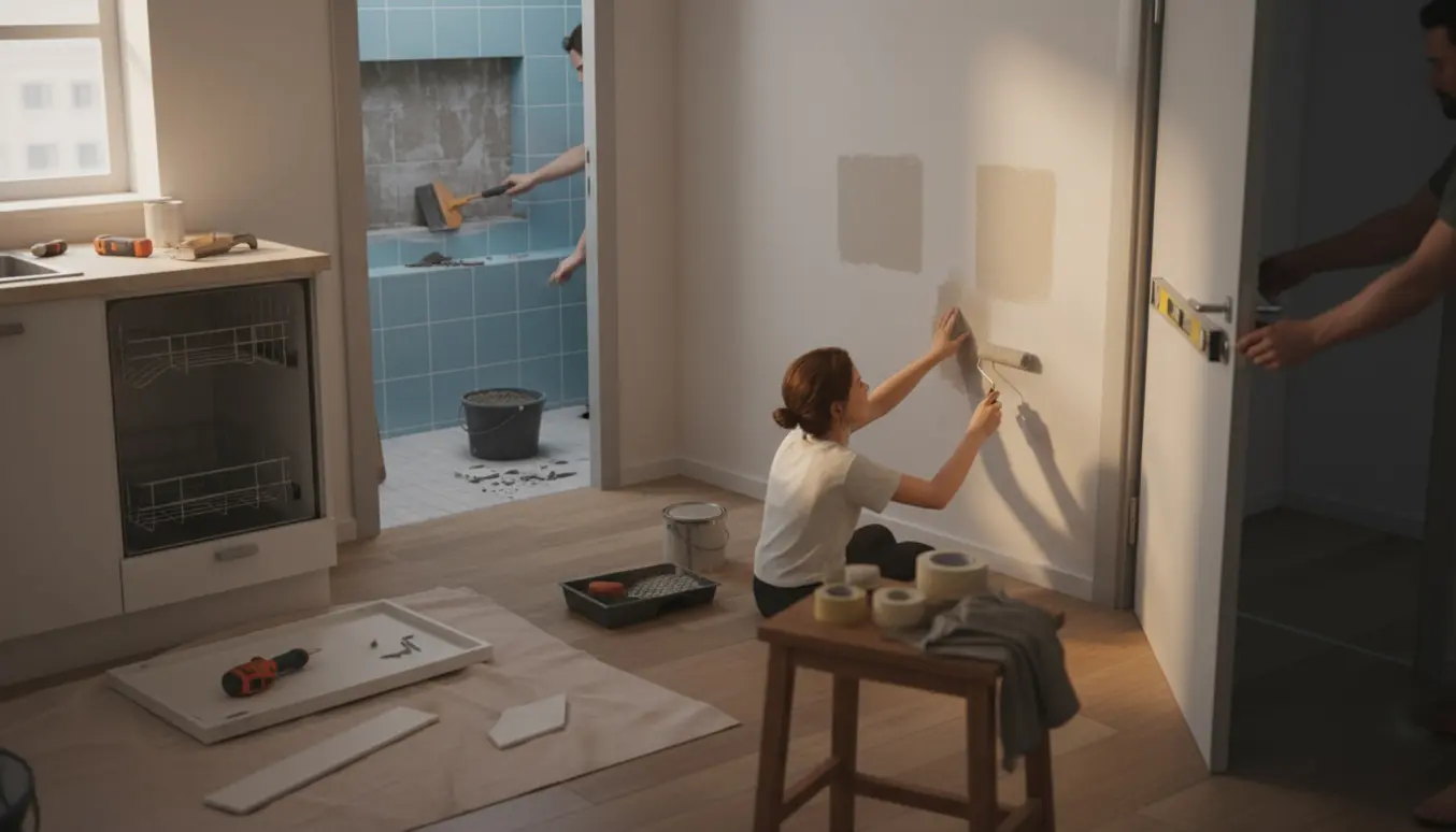 Arbejde i lejlighed med pletmaling, udskiftning af fuge i bruseniche, fastgørelse af sokkel og justering af en tung dør.