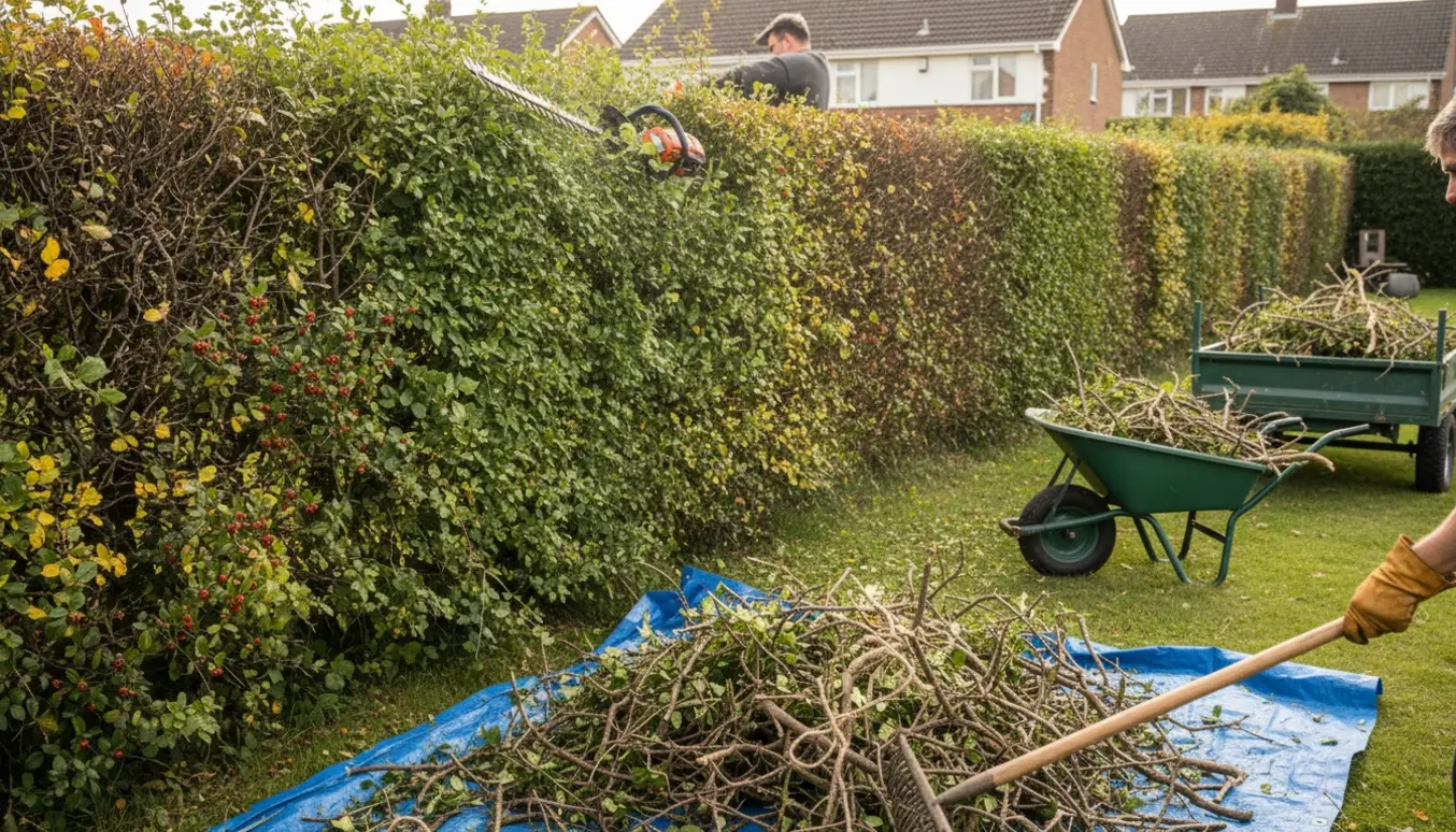 Havemand trimmer en tæt tjørnehæk og samler afklip i trillebør og på presenning i en solrig have.