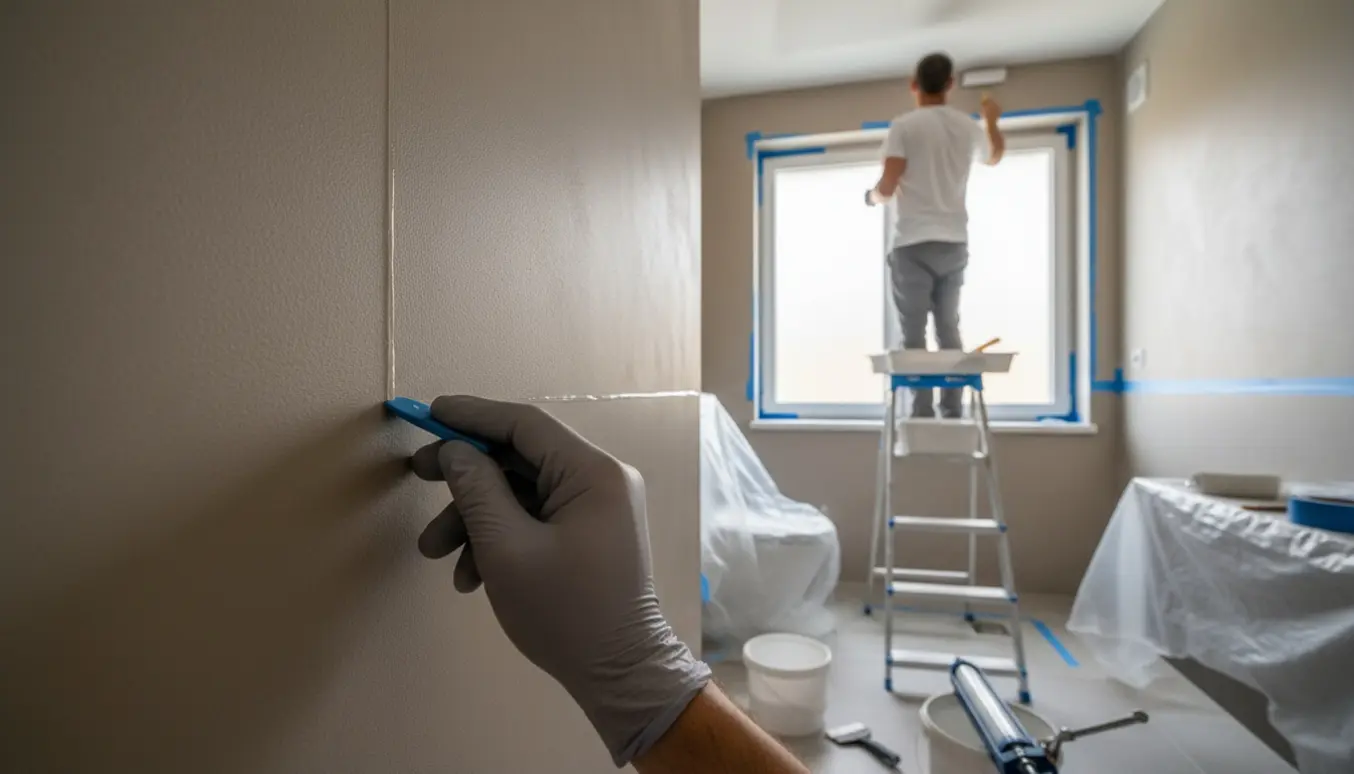 Lille badeværelse med microcementvægge, tynd gennemsigtig fuge i hjørnerne og maling af loftet under udførelse.