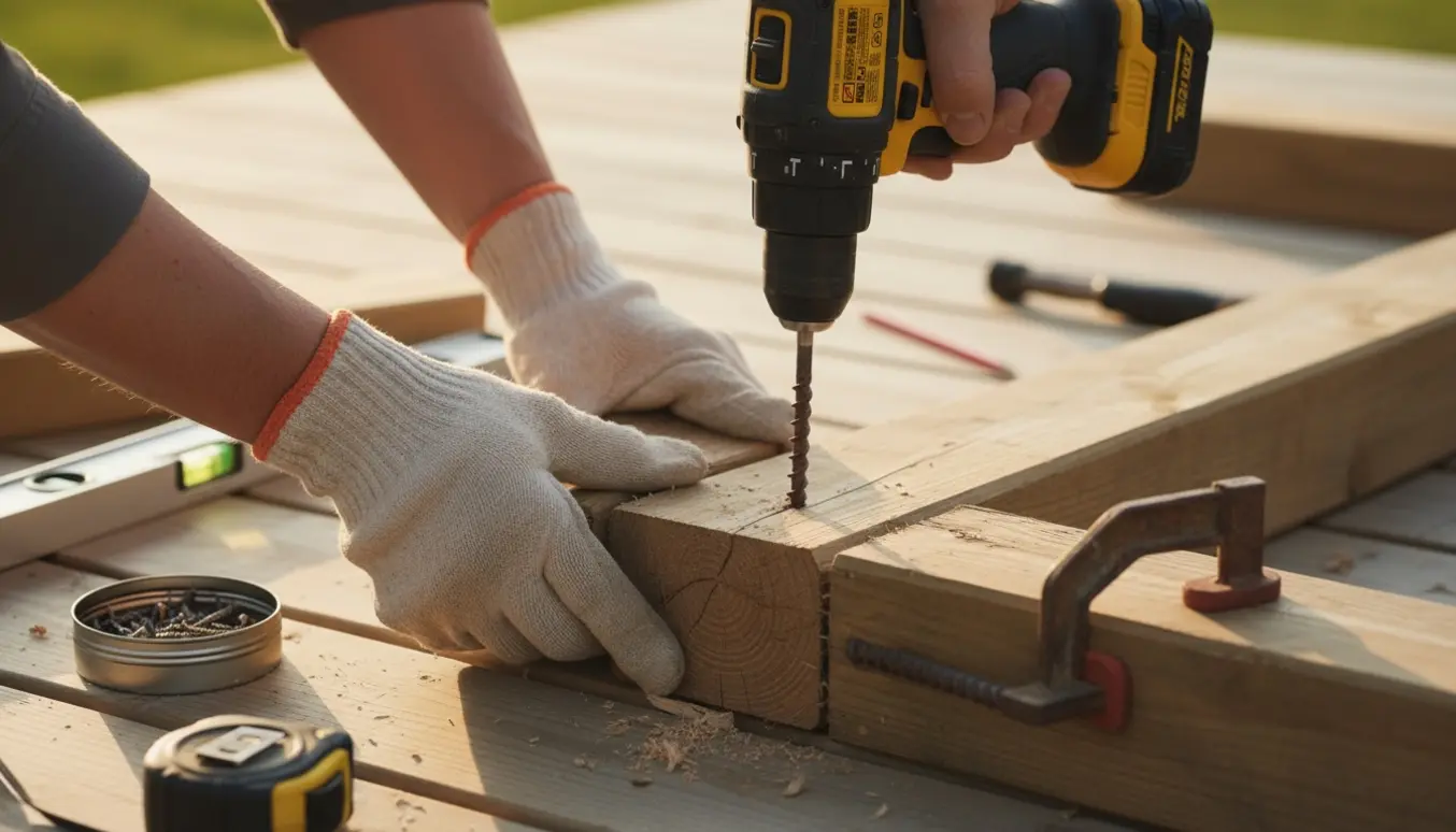 Nærbillede af to hænder, der holder træ og skruer det sammen med en boremaskine.