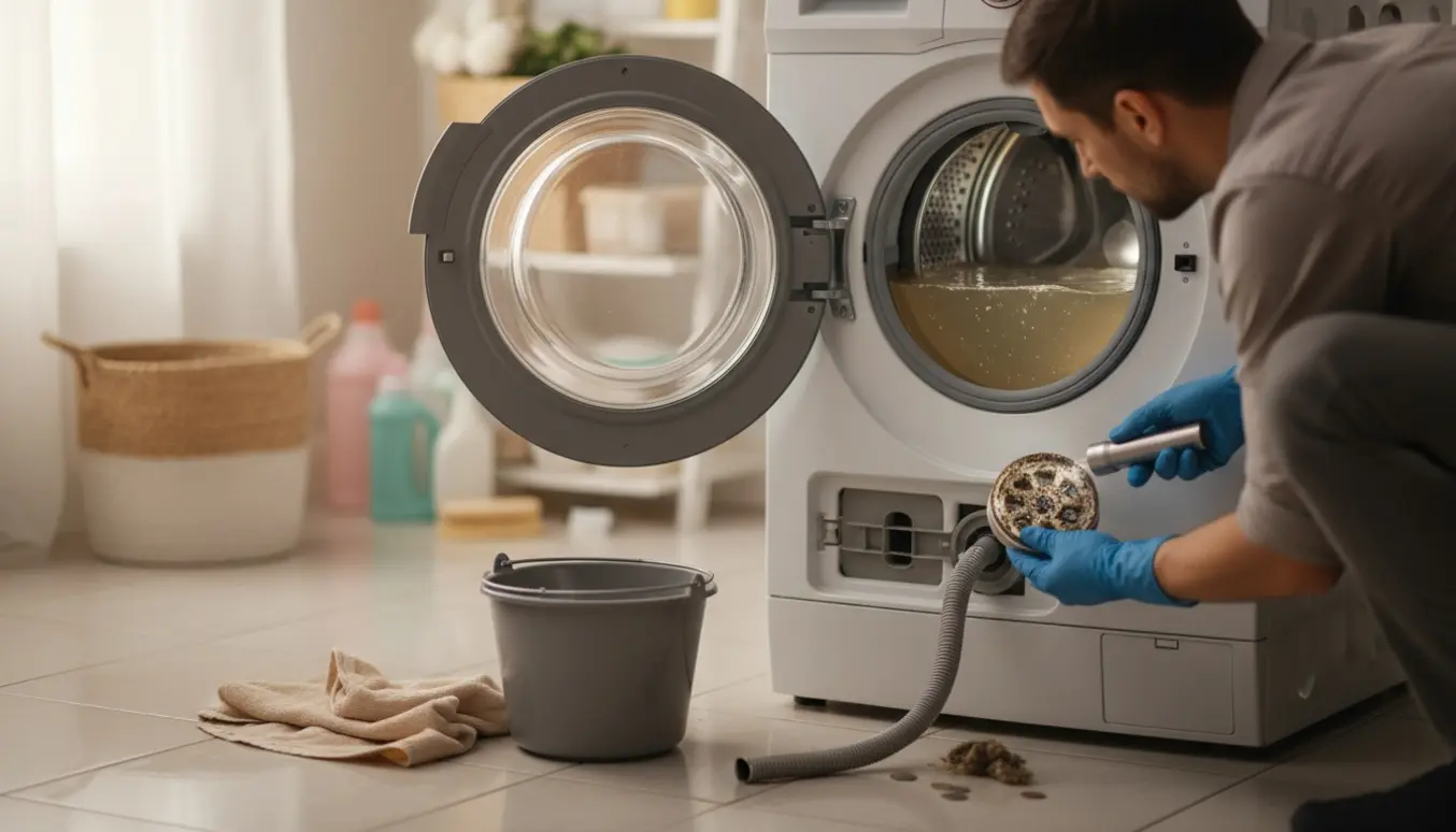 Handskerede hænder fjerner afløbsfilteret på en åben vaskemaskine med vand i tromlen.