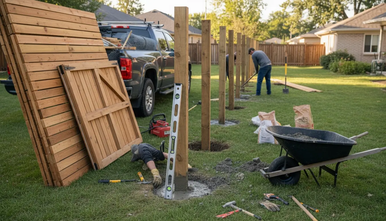 Nyt træhegn og låge klar til opsætning i en have, med stolper støbt i beton og værktøj omkring.