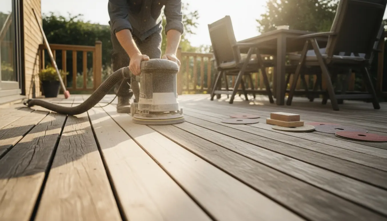 Let slibning af træterrasse med elektrisk slibemaskine, hvor forskellen mellem slebet og vejrbidt træ er tydelig.