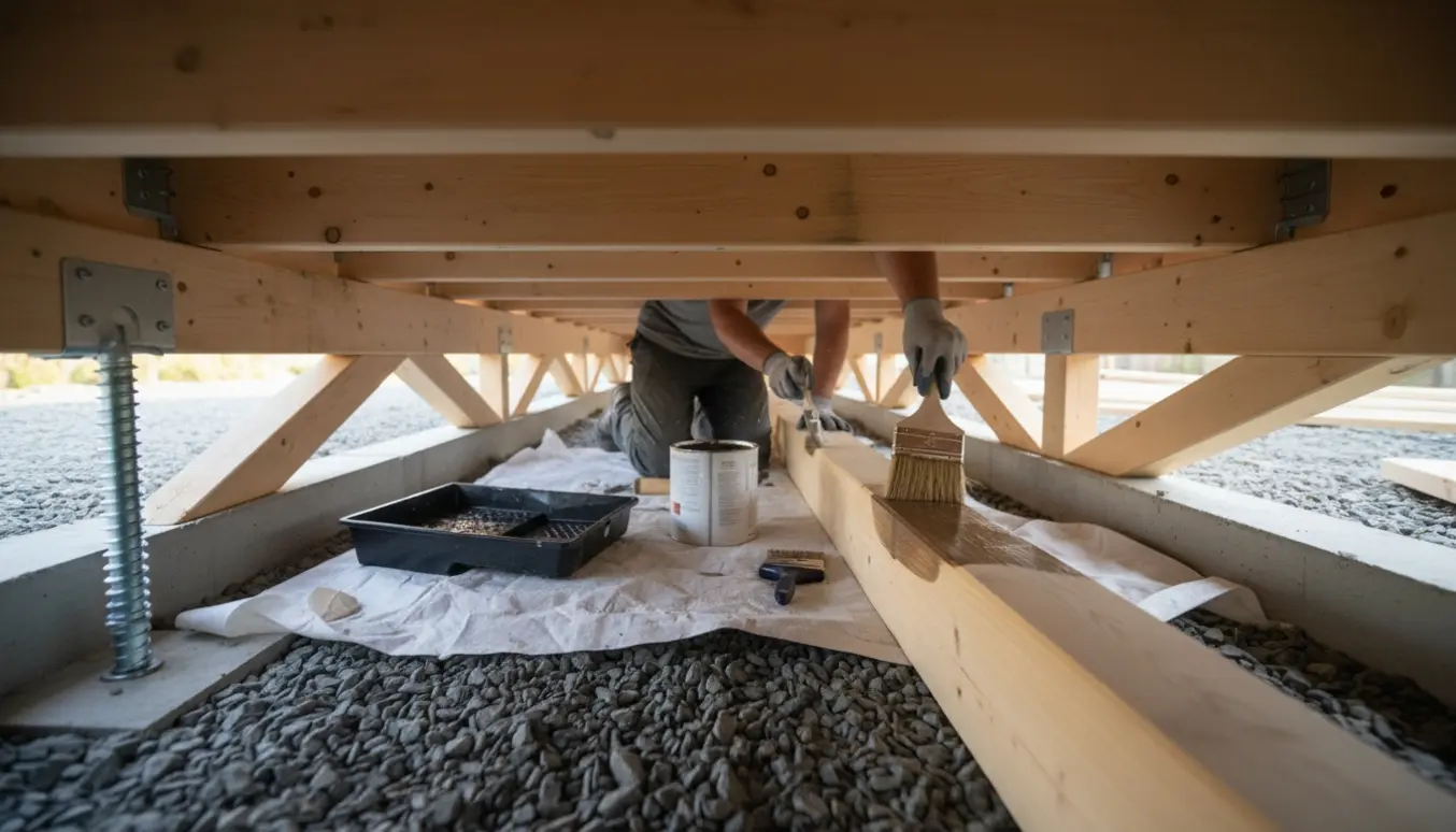 Handskerede hænder påfører træbeskyttelse på bjælker under et nybygget træhus.