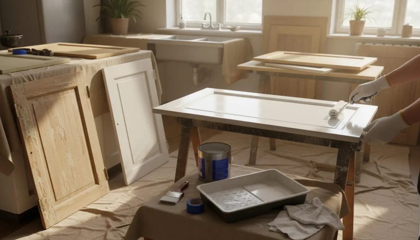 Gamle skabslåger bliver slebet og malet hvide i et lyst køkken.