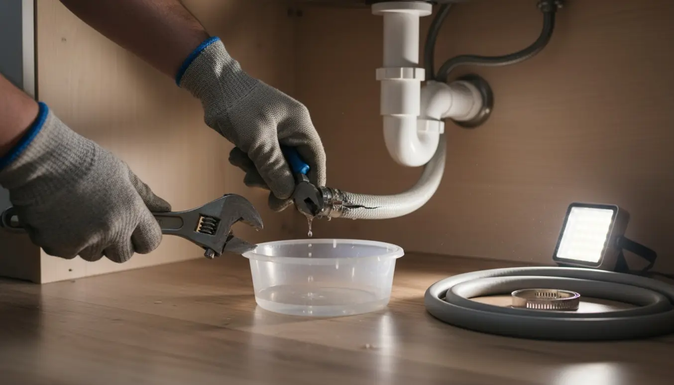 Hænder ved udskiftning af en revnet afløbsslange til opvaskemaskine under køkkenvasken.