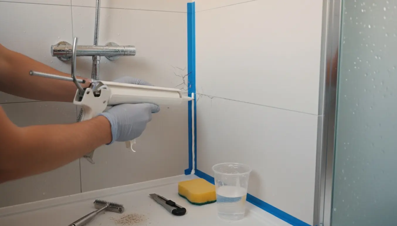 Hænder reparerer revnet silikonfuge i hjørnet af en brusekabine med fugepistol og glatteredskab.