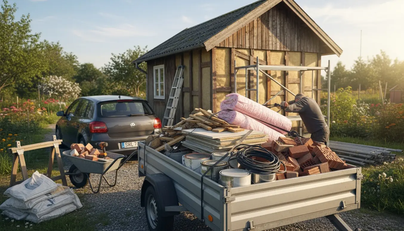En fyldt trailer og trillebør med byggeaffald foran et kolonihavehus under renovering, med værktøj og stillads i baggrunden.