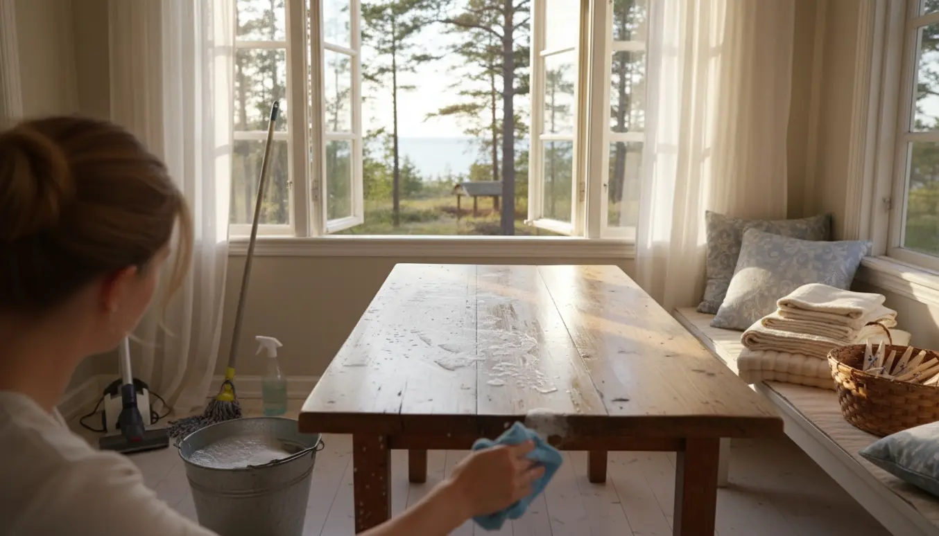 Solrigt sommerhusinteriør med en person (kun ryg/hænder) i gang med forårsrengøring.