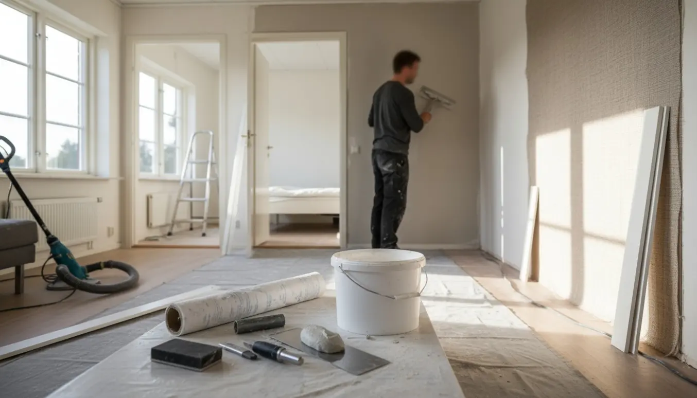 Lys stue under renovering med nymørtede vægge, glasfilt rullet ud og værktøj på gulvet.