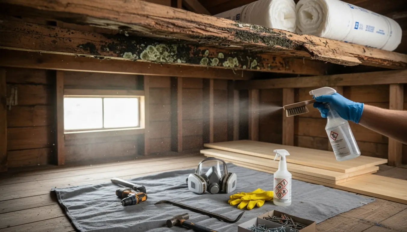 Eksponeret udhusloft med fjernet loftbeklædning, isolering og værktøj klar til udskiftning og skimmelbehandling.