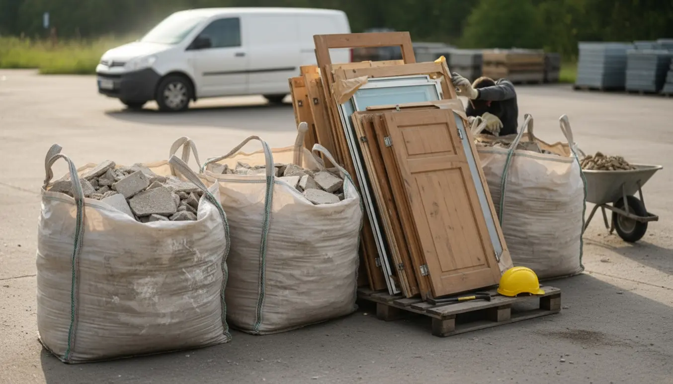 Tre bigbags med byggeaffald — én med puds og beton og to med døre, glas og skabselementer på en betonplads.