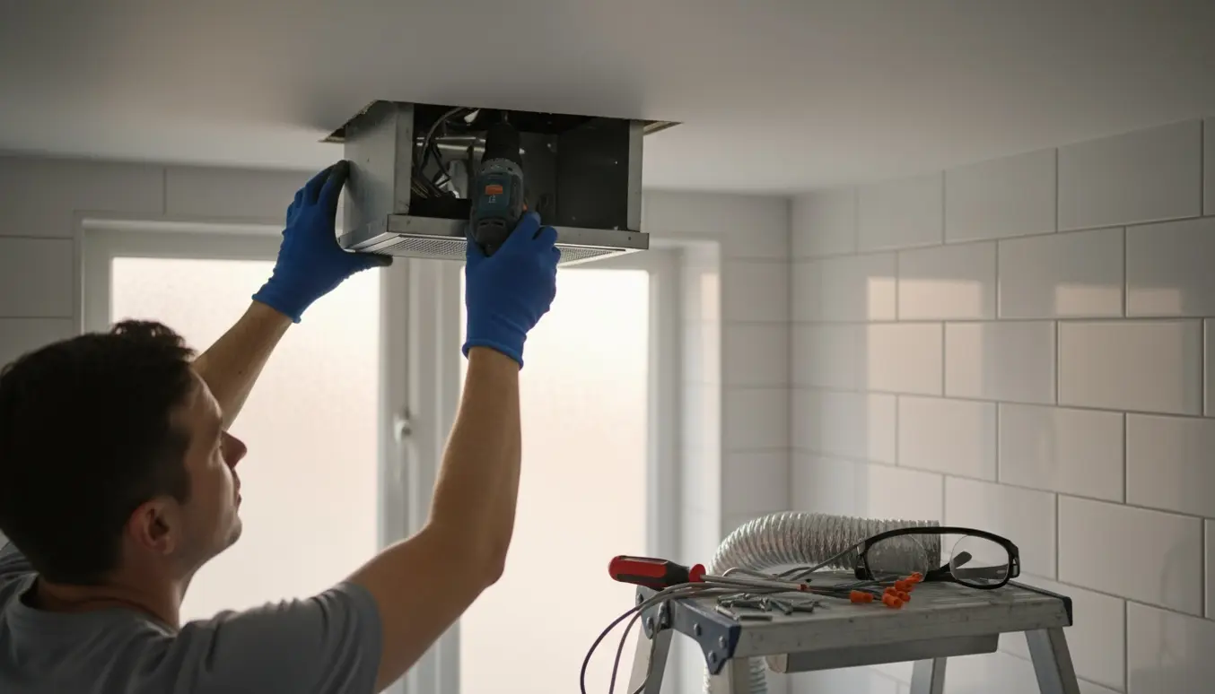 Hænder monterer en ny udsugningsventilator i badeværelsesloftet med værktøj ved siden af.