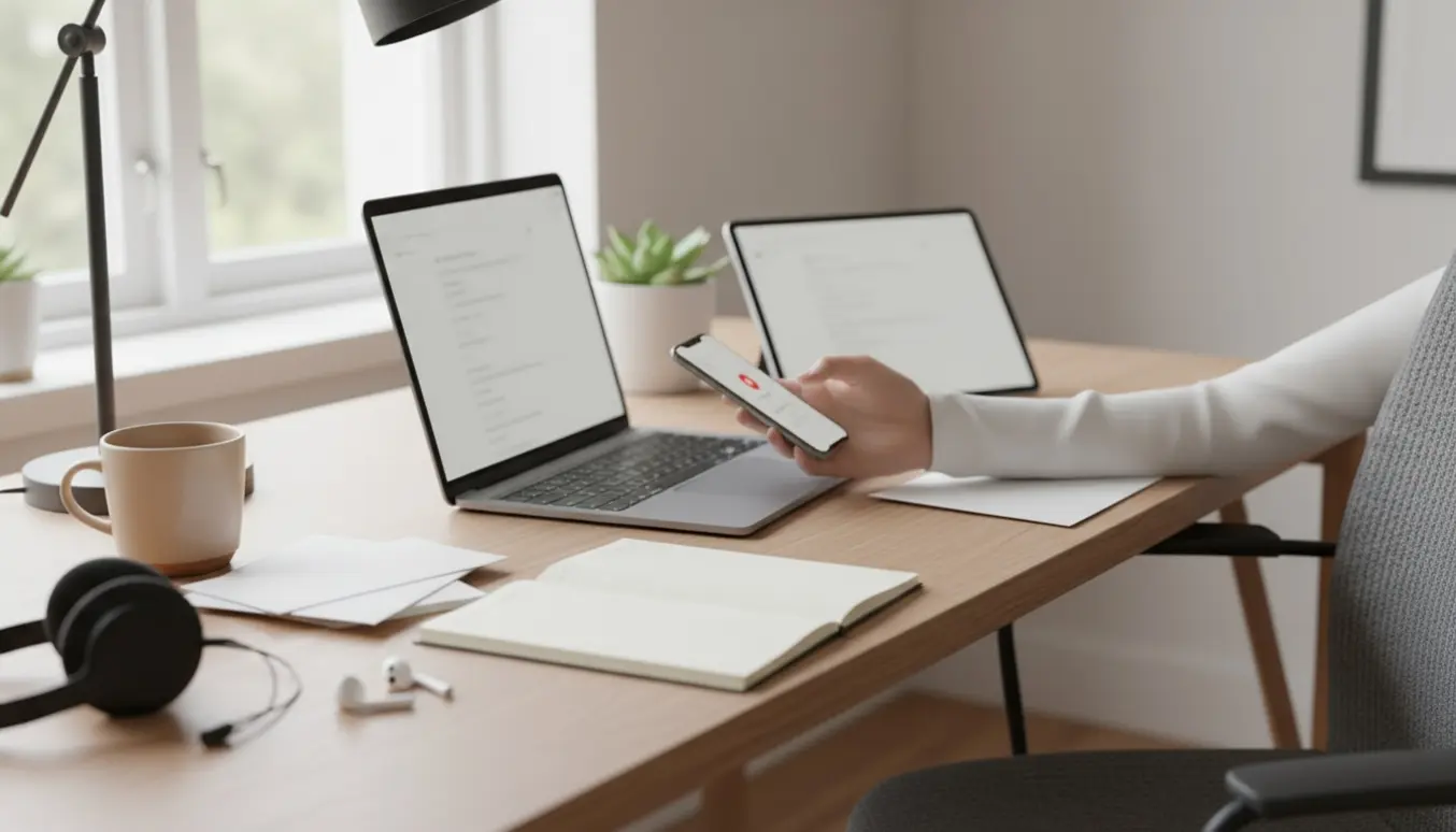 Hænder bruger bærbar og smartphone ved et lyst, ryddeligt hjemmekontor, som illustrerer en virtuel assistent, der tjekker digitale beskeder.