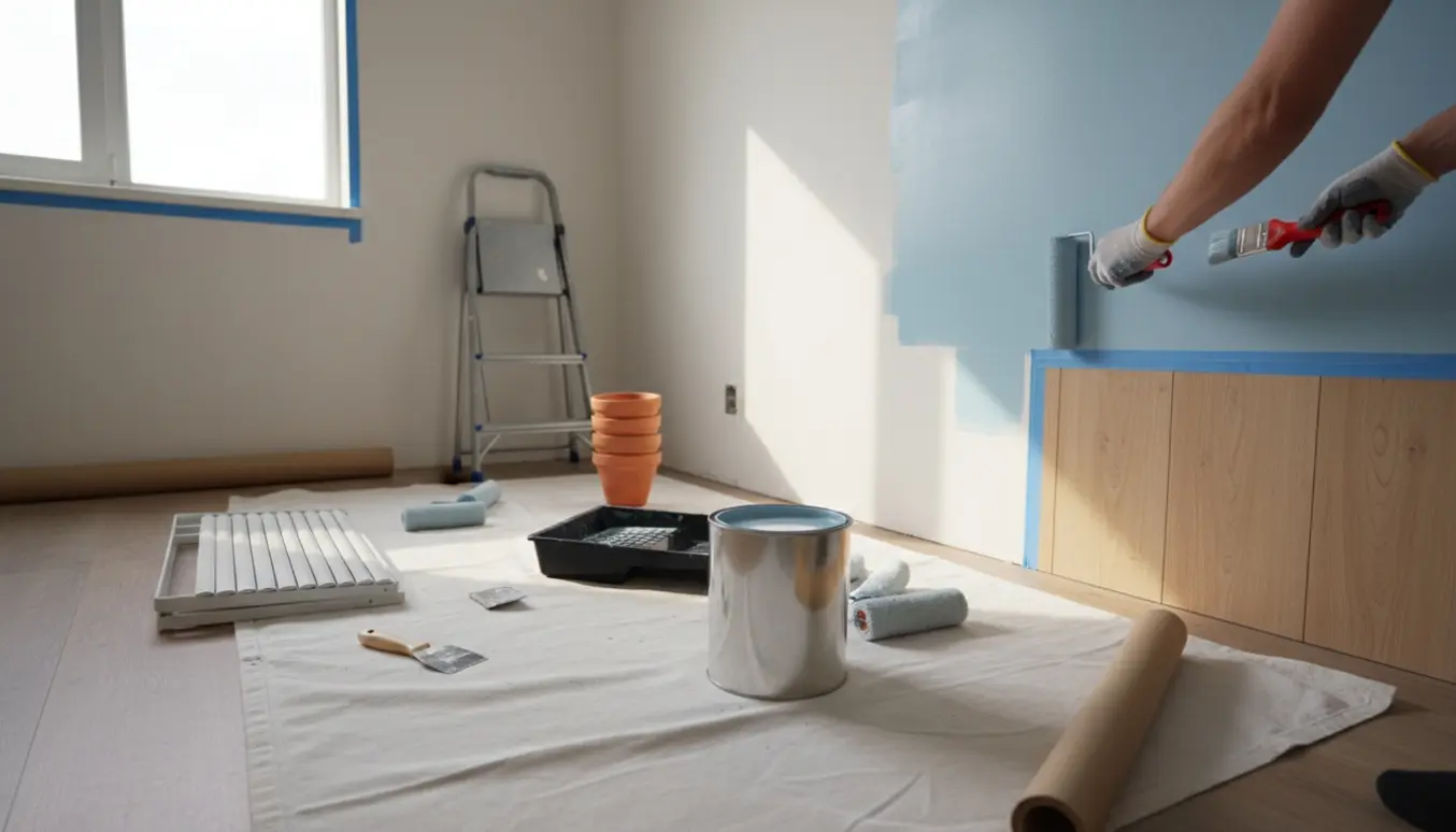 Soveværelse hvor vægge og træpaneler males med rulle, afdækning og spartel i naturligt morgenlys.