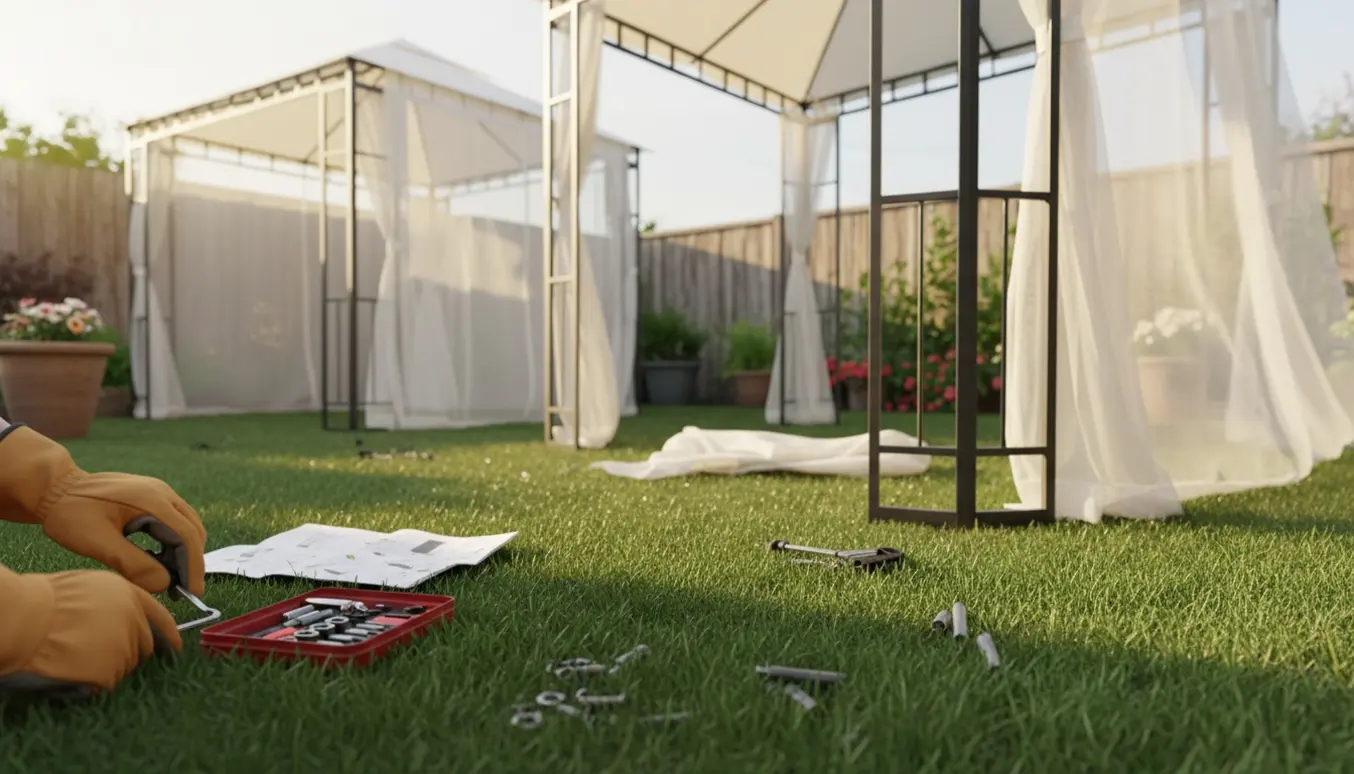 Montage af en lille cremehvid havepavillon på græsplænen med værktøj og hænder i arbejde.