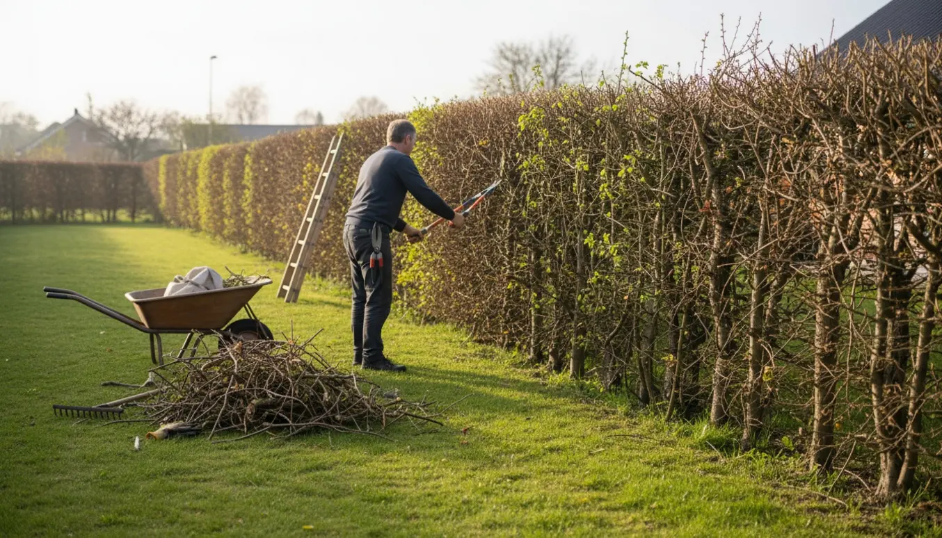 Lang 16 m tjørnehæk i forhave, den ene side nyklippet, den anden med små 1–2 cm grene og haveredskaber på græsset.