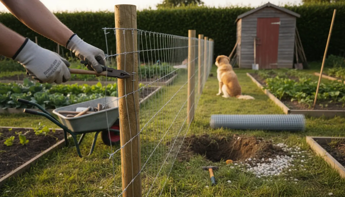 Nærbillede af hænder, der sætter trådhegn op langs en hæk i en kolonihave for at holde en hund indenfor.