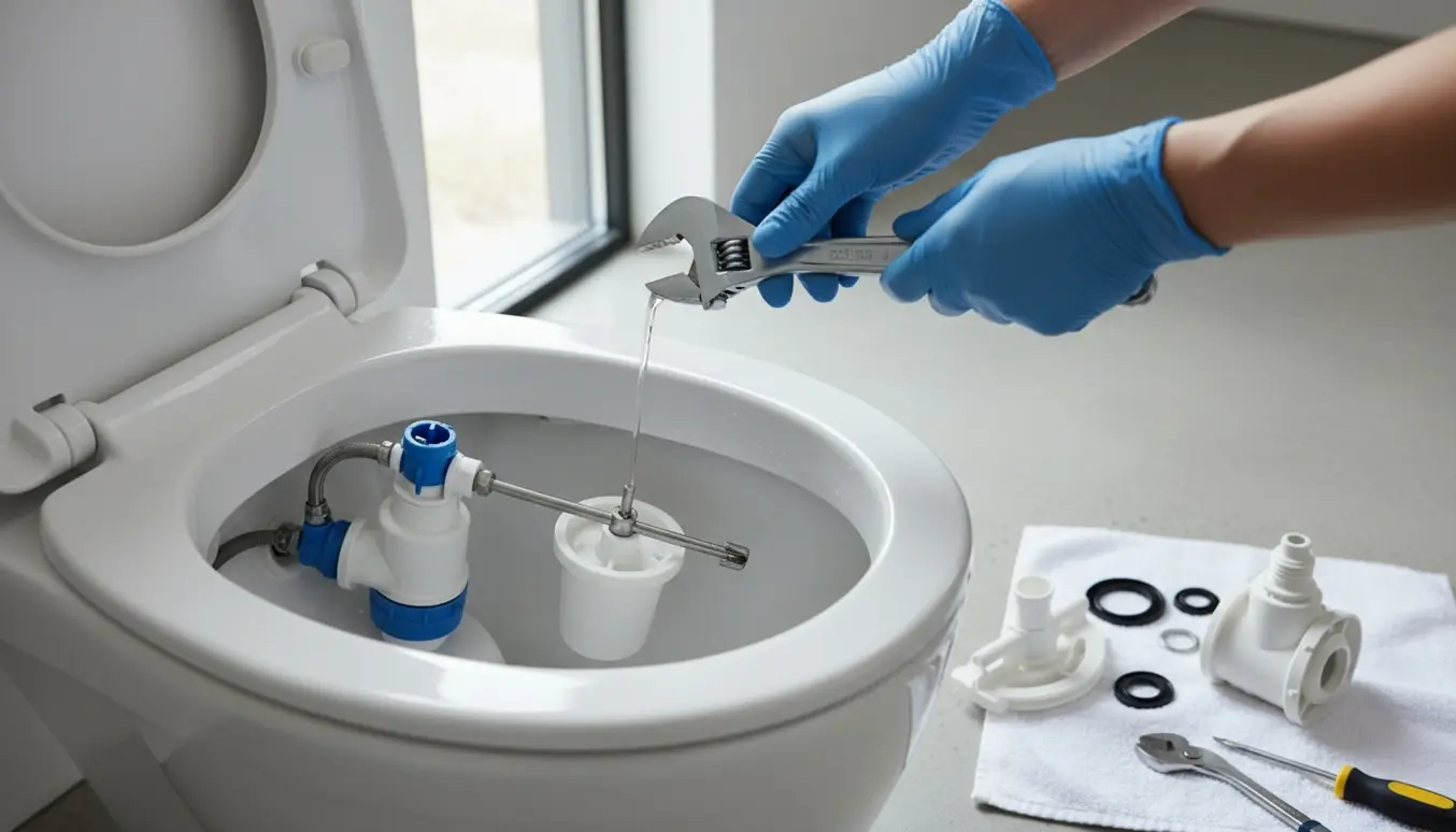 Hænder justerer indmaden i en åben toiletcisterne med reservedele og værktøj ved siden af.