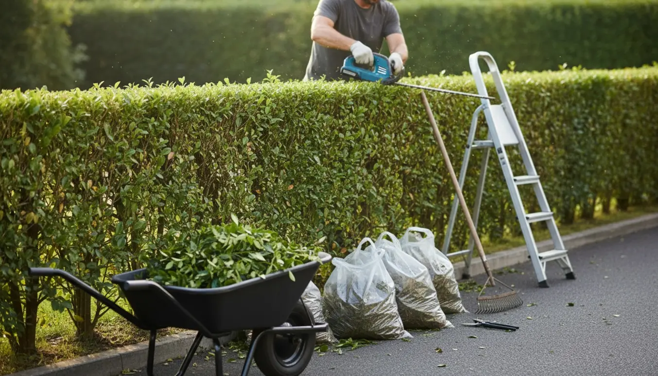 Hæk bliver klippet, med friske afklip i en trillebør og gennemsigtige sække med afklip ved indkørslen.