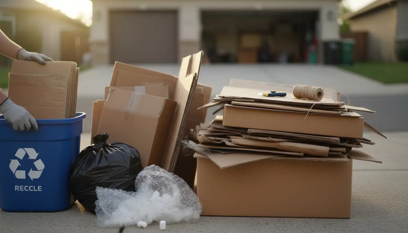 Fladtrykte papkasser og handsker ved en genbrugsspand i blødt dagslys.