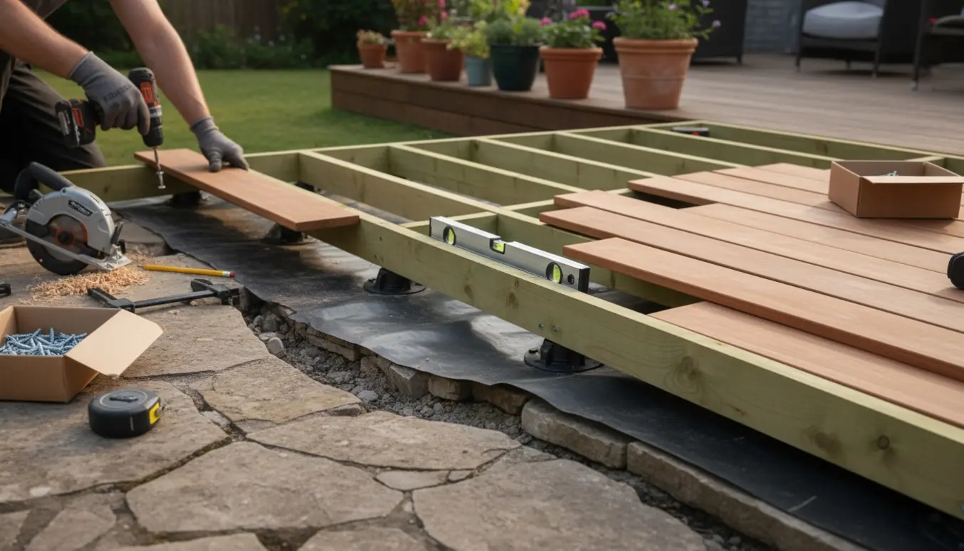 Ny træterrasse under opbygning ovenpå en gammel skæv stenterrasse med træplanker og værktøj i fokus.